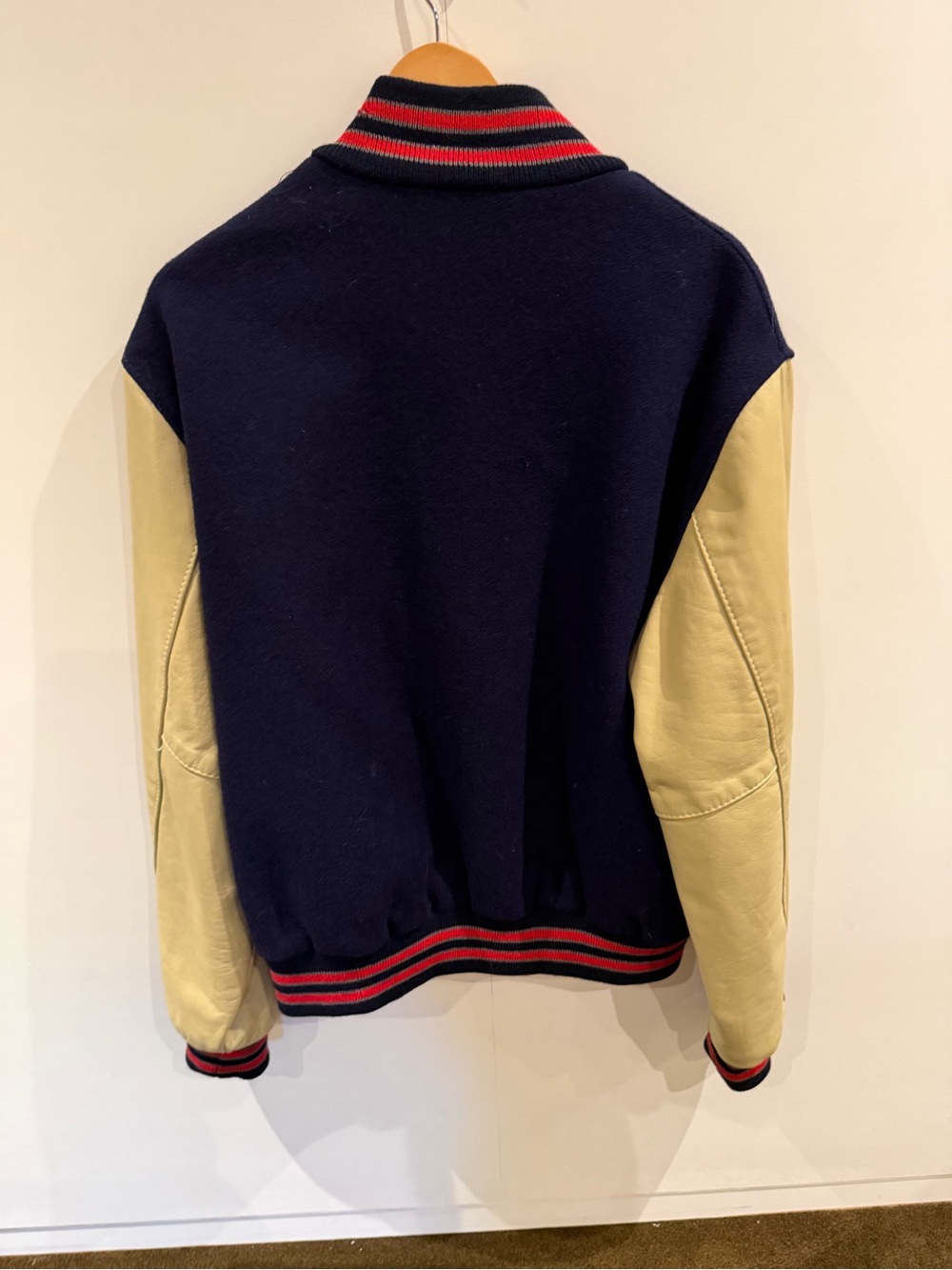 Dehen Navy and Cream Classic Varsity Bomber Jacket with Red Stripe Accents - Picture 2 of 4